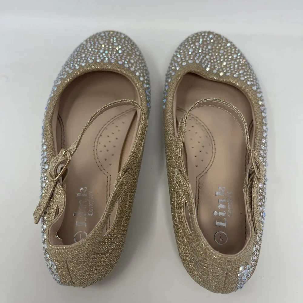 Girls Size 1 Gold Rhinestone‎ Encrusted Glittery Mary Jane Flat Dress Shoes